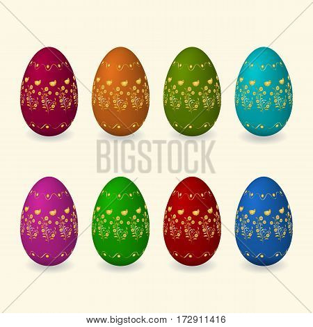 Set Easter golden eggs with flowers butterfly leaves geometric ornament. Vector illustration.