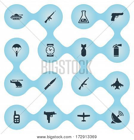 Set Of 16 Simple Military Icons. Can Be Found Such Elements As Sky Force, Cold Weapon, Nuke And Other.