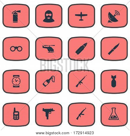 Set Of 16 Simple Military Icons. Can Be Found Such Elements As Walkies, Signal Receiver, Watch And Other.