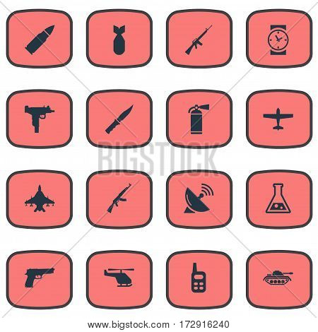 Set Of 16 Simple War Icons. Can Be Found Such Elements As Walkies, Pistol, Air Bomber And Other.