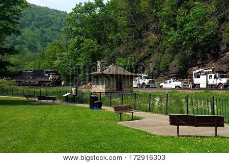 Freight Train Engine and work crew at Horseshoe Curve, Altoona, Pennsylvania