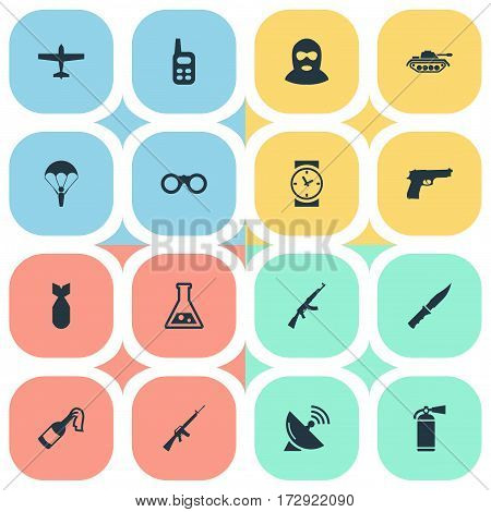 Set Of 16 Simple Military Icons. Can Be Found Such Elements As Rifle Gun, Watch, Molotov And Other.