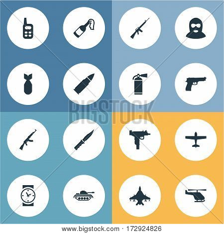 Set Of 16 Simple Terror Icons. Can Be Found Such Elements As Walkies, Extinguisher, Ammunition And Other.