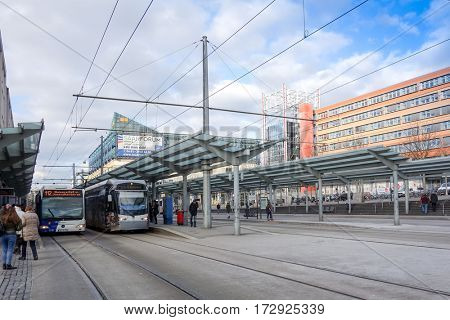 SAARBRUCKEN, GERMANY - January 17, 2017: street view of Saarbrucken, is the capital and largest city of the state of Saarland. January 17, 2017 in Saarbrucken, Germany