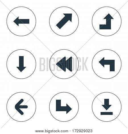 Set Of 9 Simple Arrows Icons. Can Be Found Such Elements As Indicator, Downwards Pointing, Rearward And Other.