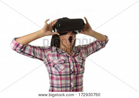 young attractive happy woman excited using 3d goggles watching 360 virtual reality vision enjoying the fun cyber experience in vr simulation reality and new gaming technology concept