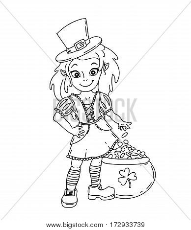 Cute cartoon irish leprichaun girl with the pot full of golden coins. Black and white isolated vector illustration for St. Patricks Day
