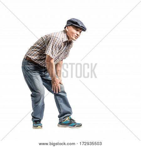 Portrait Of A Mature Man With Knee Pain. Isolated Full Body On White Background With Copy Space