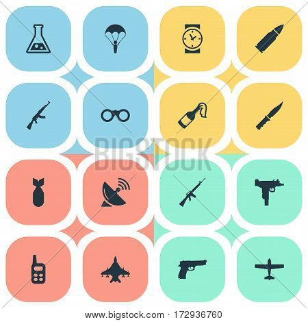 Set Of 16 Simple Army Icons. Can Be Found Such Elements As Nuke, Kalashnikov, Signal Receiver And Other.