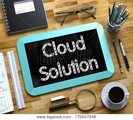 Mint Small Chalkboard with Handwritten Business Concept - Cloud Solution - on Office Desk and Other Office Supplies Around. Top View. Small Chalkboard with Cloud Solution. 3d Rendering.