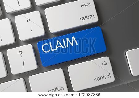 Claim Concept Modern Laptop Keyboard with Claim on Blue Enter Keypad Background, Selected Focus. 3D.
