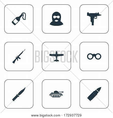Set Of 9 Simple Military Icons. Can Be Found Such Elements As Terrorist, Firearm, Air Bomber And Other.