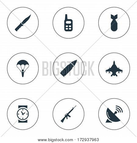 Set Of 9 Simple Army Icons. Can Be Found Such Elements As Signal Receiver, Cold Weapon, Nuke And Other.