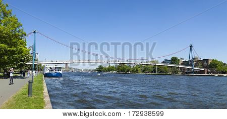 People Crossing Holbein Bridge In Frankfurt