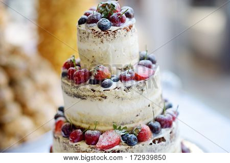 Delicious Chocolate Wedding Cake Decorated With Fruits And Berries