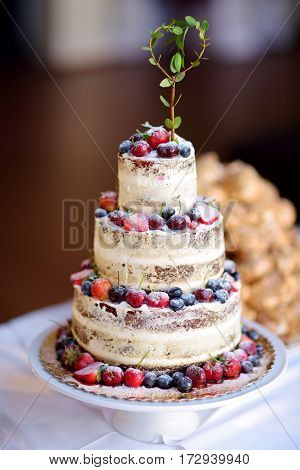 Delicious Chocolate Wedding Cake Decorated With Fruits And Berries