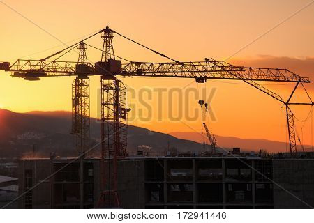Construction of the building. Construction crane on the sunset background