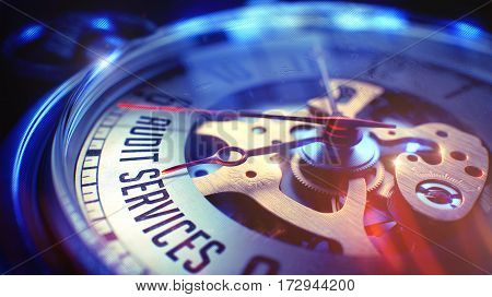 Pocket Watch Face with Audit Services Inscription on it. Business Concept with Film Effect. Audit Services. on Pocket Watch Face with Close Up View of Watch Mechanism. Time Concept. Film Effect. 3D.