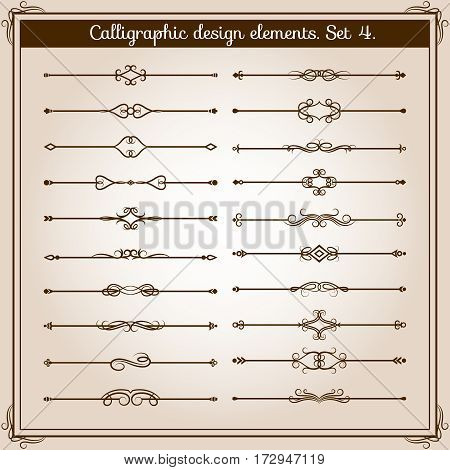 Retro simple scroll page dividers. Vector vintage separating elements. Set of filigree calligraphic lines for page or wedding invitation illustration