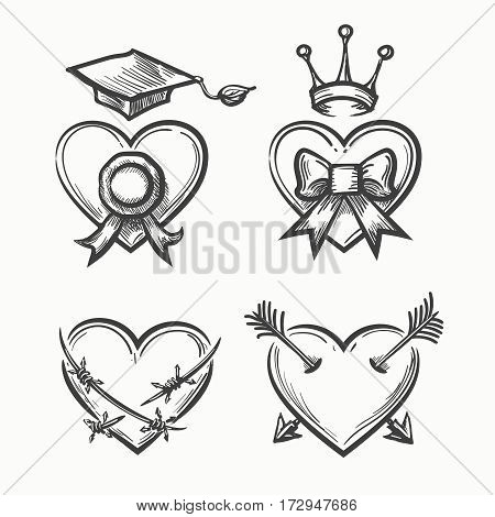 Hand drawn hearts in tattoo sketch style. Heart with crown and arrow, bow and graduation cup vector illustration. Abstarct grunge hearts of set