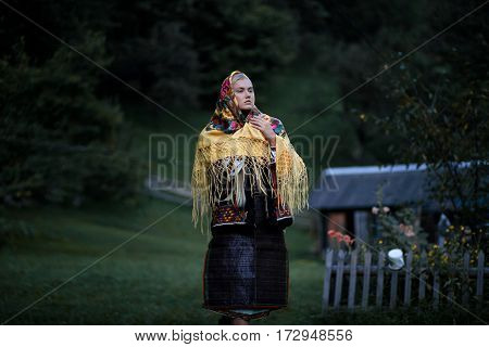 Ukrainian Hutsul Woman In National Costume With Shawl On Her Head.