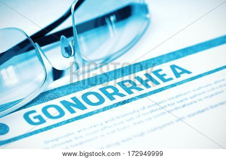 Gonorrhea - Medical Concept on Blue Background with Blurred Text and Composition of Eyeglasses. 3D Rendering.