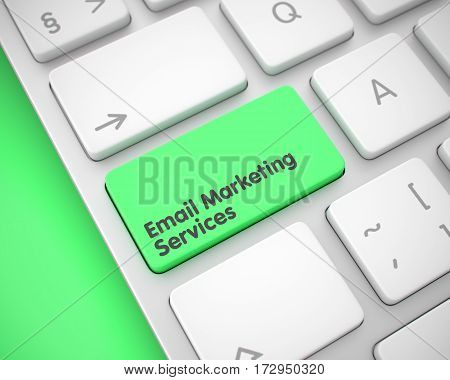 Close-Up View on the Laptop Keyboard - Email Marketing Services Green Key. Aluminum Keyboard Button Showing the Text Email Marketing Services. Message on Keyboard Green Button. 3D Render.