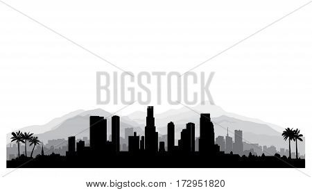 Los Angeles, Usa Skyline. City Silhouette With Skyscraper Buildings, Mountains And Palm Trees. Famou