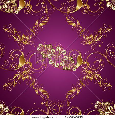 Abstract Background With Repeating Elements. Golden Seamless Pattern On Purple Background With Golde