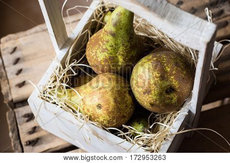 Top view of heap of ripe harvested conference pears in weathered wood box in rustic style soft daylight kinfolk style