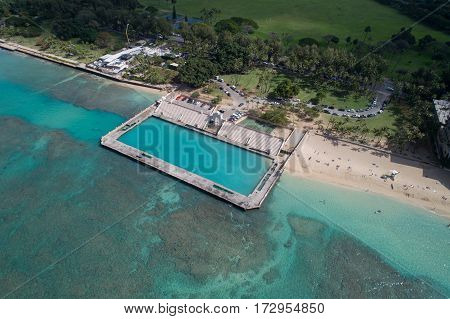 Aerial image of the Waikiki Natatorium War Memorial