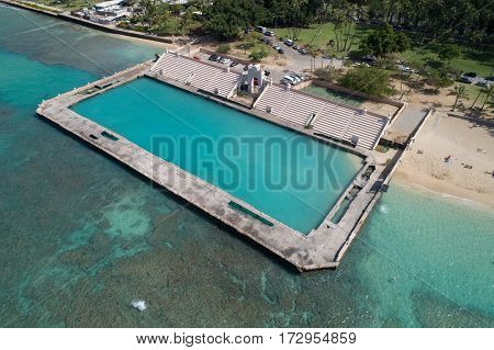 Aerial image of the Waikiki Natatorium War Memorial