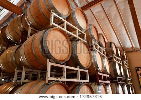 San Luis Obispo USA - july 15 2016 : barrel in the cellar of the Claiborne and Churchhill winery