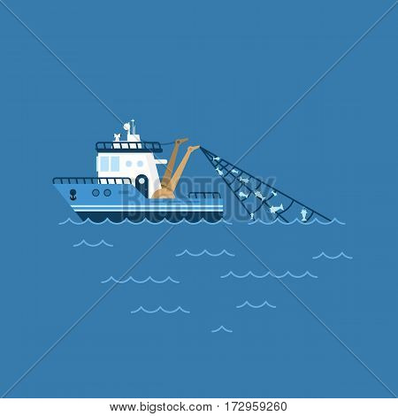 vector illustration of a fishing boat, fishing ship with a catch in the network sails on the sea.