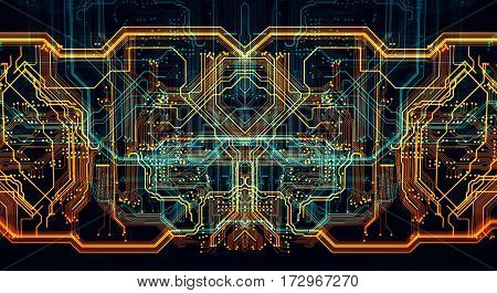 Circuit board futuristic server code processing. Orange green blue technology background with bokeh. 3d Illustration