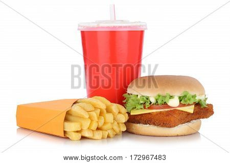 Fish Burger Fishburger Hamburger And Fries Menu Meal Combo Drink Isolated