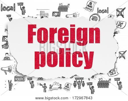Political concept: Painted red text Foreign Policy on Torn Paper background with  Hand Drawn Politics Icons