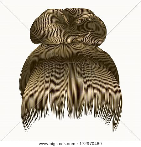 bun  hairs with fringe  blond colors . women fashion beauty style .