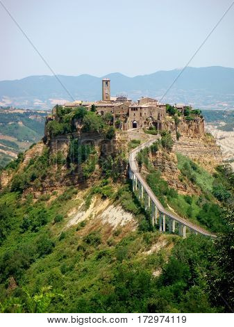 Ghost town, Civita di Bagnoregio Bridge, Castle, Beautiful view of famous Civita di Bagnoregio with Tiber river valley, Italy