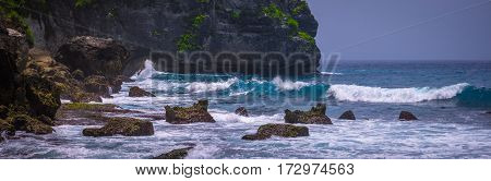 Ocean Waves on Tembeling Coastline at Nusa Penida island, Bali -Indonesia, Panorama