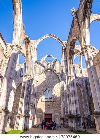 LISBON PORTUGAL - JANUARY 19 2017: Convent of Our Lady of Mount Carmel (Portuguese: Convento da Ordem do Carmo) in Lisbon Portugal.