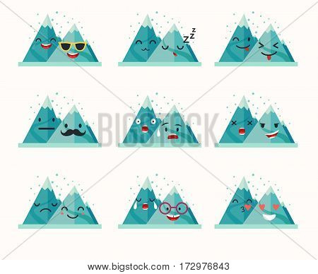 Emoticons mountain vector set. Funny mountain with cute faces characters. Winter landscape. Emoji flat cartoon style vector illustration isolated on white background