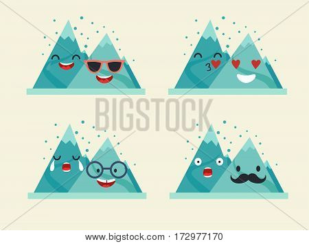 Emoticons mountain vector set. Funny mountain with cute faces characters. Winter landscape. Emoji flat cartoon style vector illustration isolated on white background