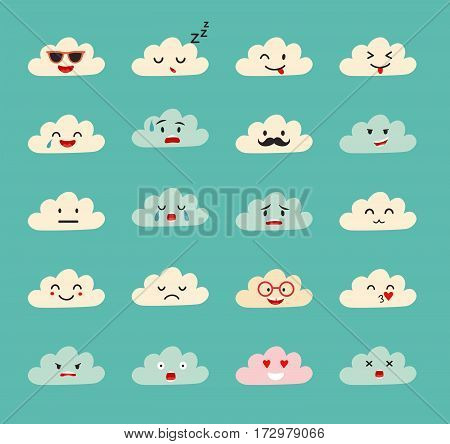 Emoji clouds vector. Cute smily clouds with faces vector set. Cartoon funny emoticon. Flat cartoon style stickers. Isolated on blue sky background