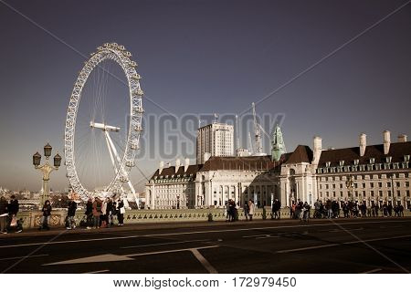 LONDON, UK - JANUARY 26, 2017: The EDF Energy London Eye next to the river Thames, UK
