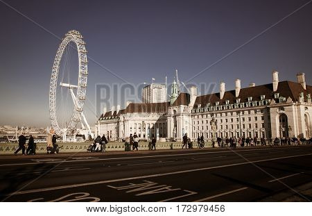 LONDON, UK - JANUARY 26, 2017: The EDF Energy London Eye next to the river Thames, UK