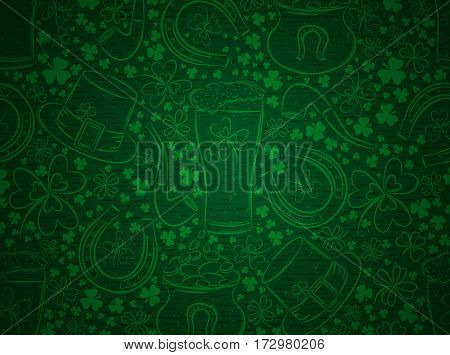 Green background for Patricks day with ber mug horseshoe hat pipe and shamrocks vector illustration