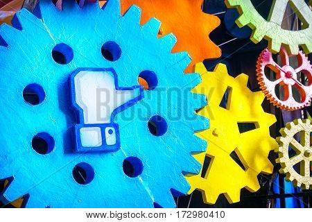 Cento Italy 19 feb 2017: Facebook like symbol on a big gear. Facebook is a famous worldwide web social network