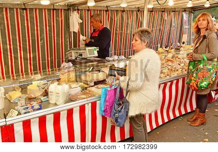 Verneuil sur Seine; France - october 16 2016 : dairy produce at the market in automn