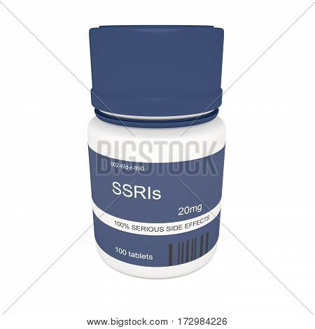 Medicine Concept: Blue Pill Bottle SSRIs Side Effects 3d illustration on white background